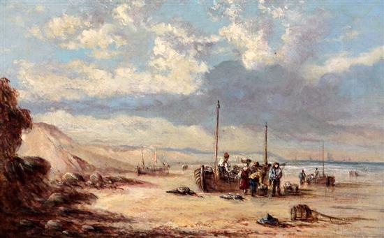 Late 19th century English School Fishing boats along the coast, 14 x 22in.